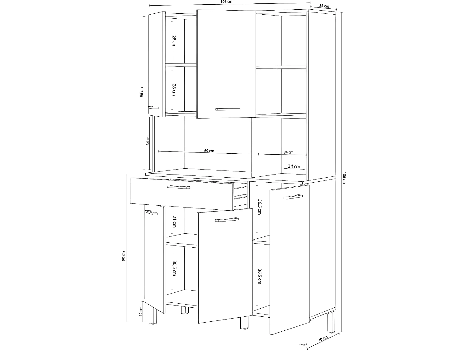 Buffet meuble cuisine 5 portes + 1 tiroir coloris blanc artic/chêne canadien - Hauteur 186 cm x Longueur 108 cm x Profondeur 40 cm