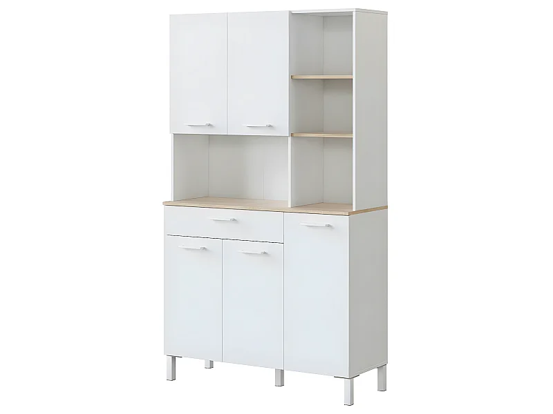 Buffet meuble cuisine 5 portes + 1 tiroir coloris blanc artic/chêne canadien - Hauteur 186 cm x Longueur 108 cm x Profondeur 40 cm