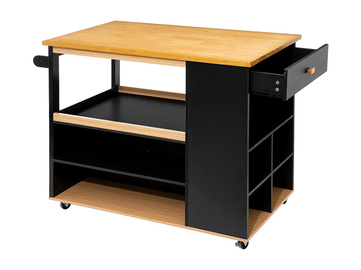 Ilot de cuisine, Meuble de cuisine en bois coloris noir, naturel - Longueur 108 x Profondeur 89 x Hauteur 60 cm