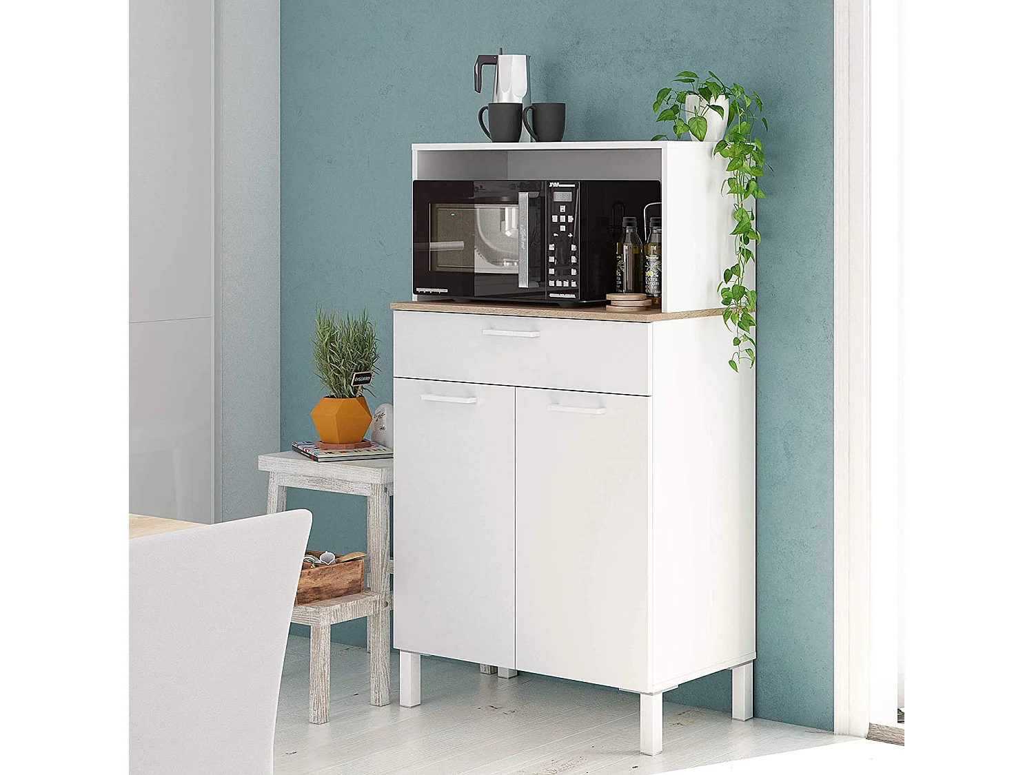 Buffet meuble cuisine 2 portes + tiroir coloris blanc artic / chêne canadien - Hauteur 126 cm x Longueur 72 cm x Profondeur 40 cm