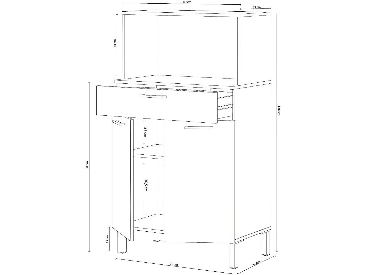Buffet meuble cuisine 2 portes + tiroir coloris blanc artic / chêne canadien - Hauteur 126 cm x Longueur 72 cm x Profondeur 40 cm
