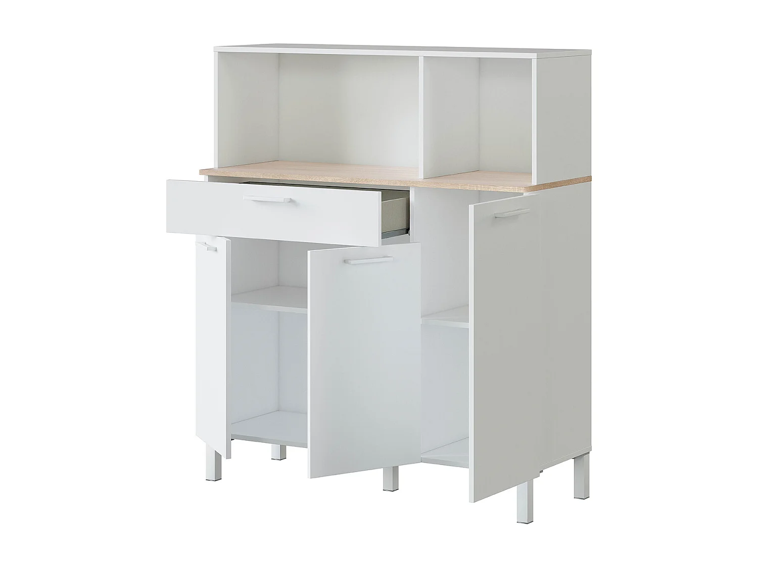 Buffet meuble cuisine 3 portes + tiroir coloris blanc artic / chêne canadien - Hauteur 126 cm x Longueur 108 cm x Profondeur 40 cm
