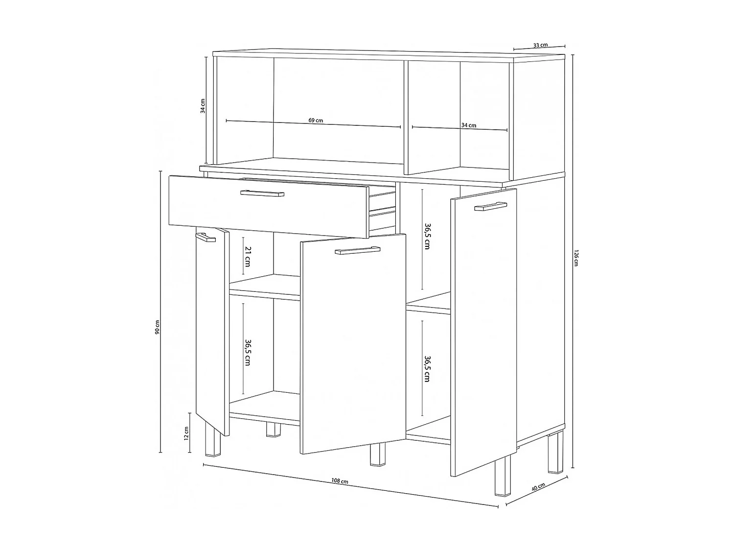 Buffet meuble cuisine 3 portes + tiroir coloris blanc artic / chêne canadien - Hauteur 126 cm x Longueur 108 cm x Profondeur 40 cm