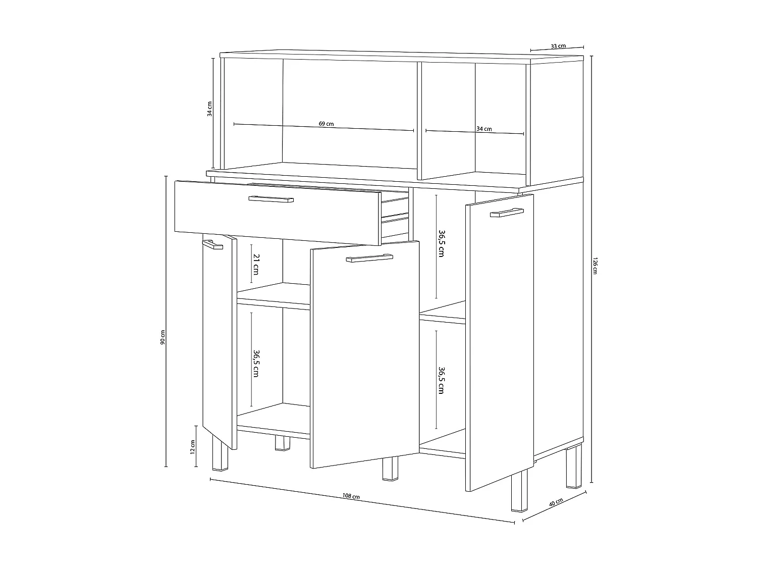 Buffet meuble cuisine 3 portes + tiroir coloris blanc artic / chêne canadien - Hauteur 126 cm x Longueur 108 cm x Profondeur 40 cm