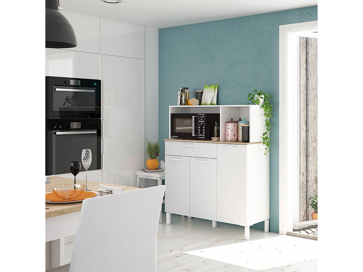 Buffet meuble cuisine 3 portes + tiroir coloris blanc artic / chêne canadien - Hauteur 126 cm x Longueur 108 cm x Profondeur 40 cm