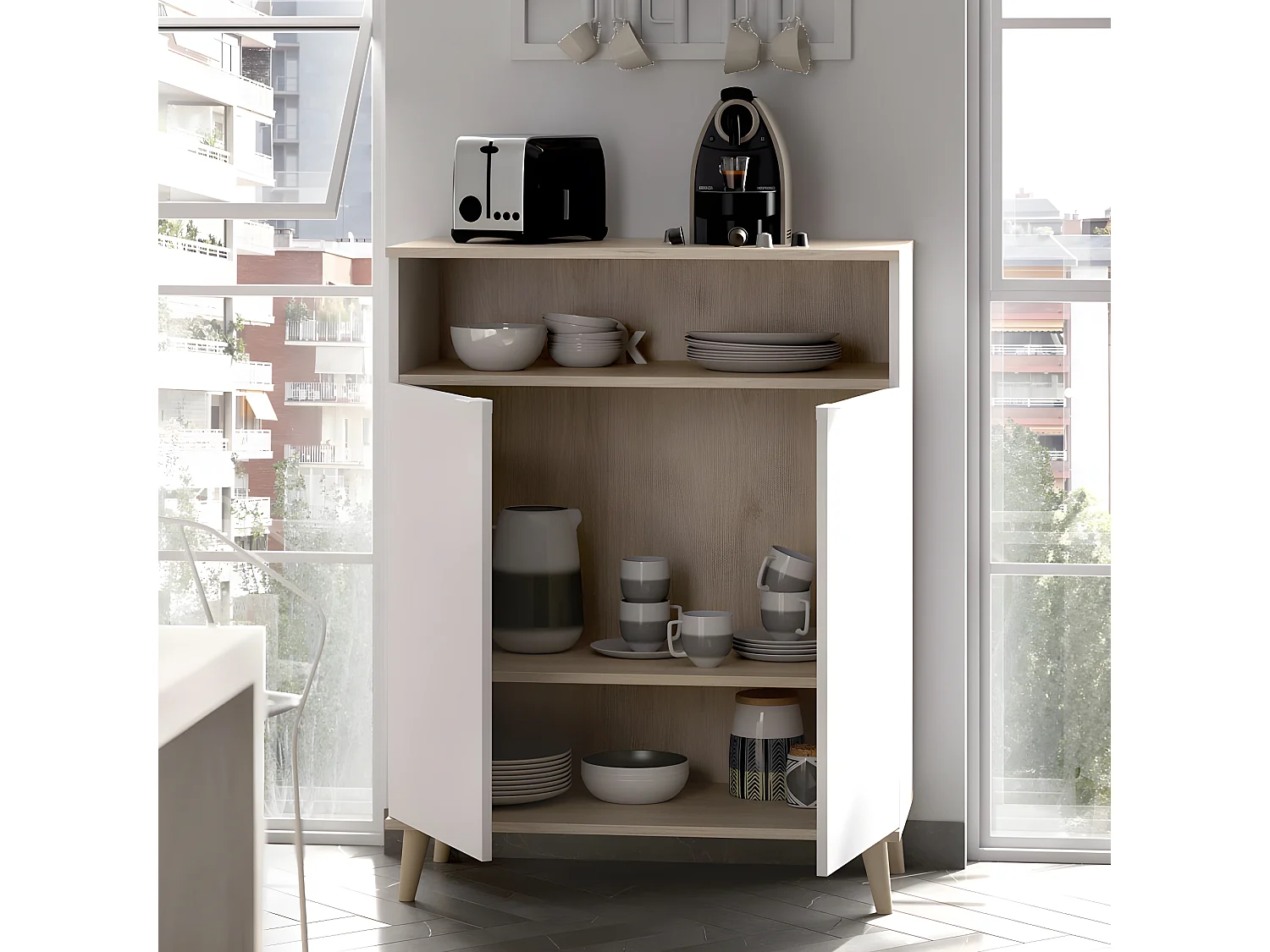 Buffet Meuble de cuisine coloris blanc/naturel - Longueur 79 x Profondeur 40 x Hauteur 102 cm