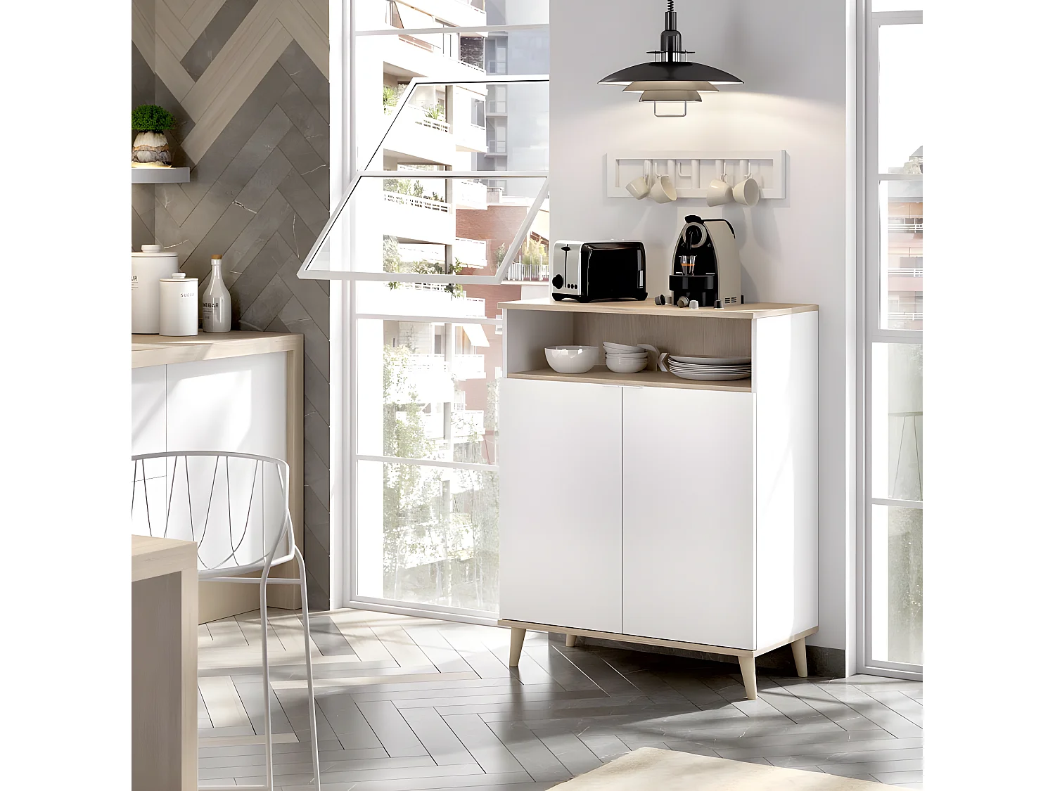 Buffet Meuble de cuisine coloris blanc/naturel - Longueur 79 x Profondeur 40 x Hauteur 102 cm