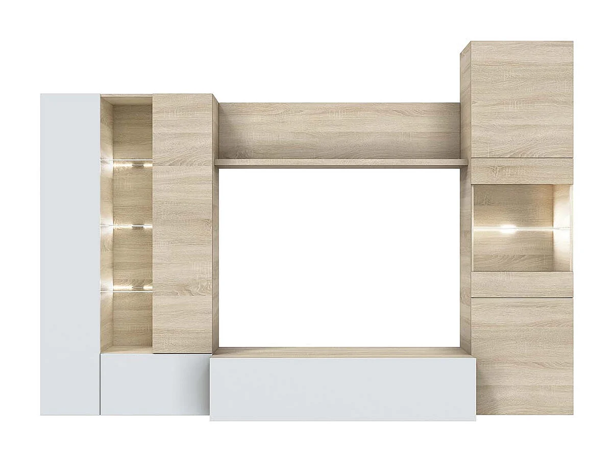 Meuble TV coloris Blanc Brillant / chêne Canadien en mélamine - Dim : 185 x 260 x 42 cm