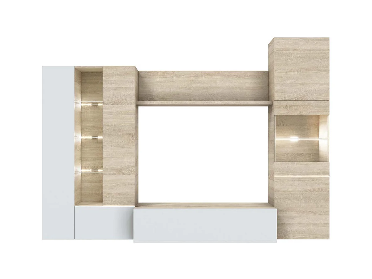Meuble TV coloris Blanc Brillant / chêne Canadien en mélamine - Dim : 185 x 260 x 42 cm