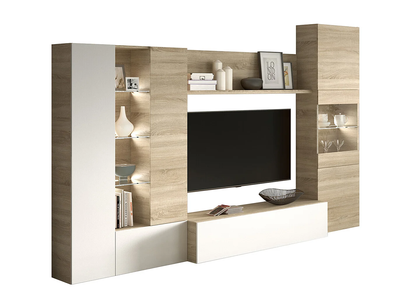 Meuble TV coloris Blanc Brillant / chêne Canadien en mélamine - Dim : 185 x 260 x 42 cm