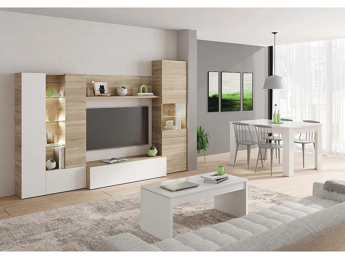 Meuble TV coloris Blanc Brillant / chêne Canadien en mélamine - Dim : 185 x 260 x 42 cm