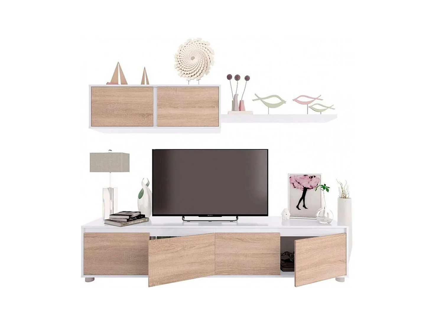 Ensemble TV en panneaux de particules blanc et imitation chêne