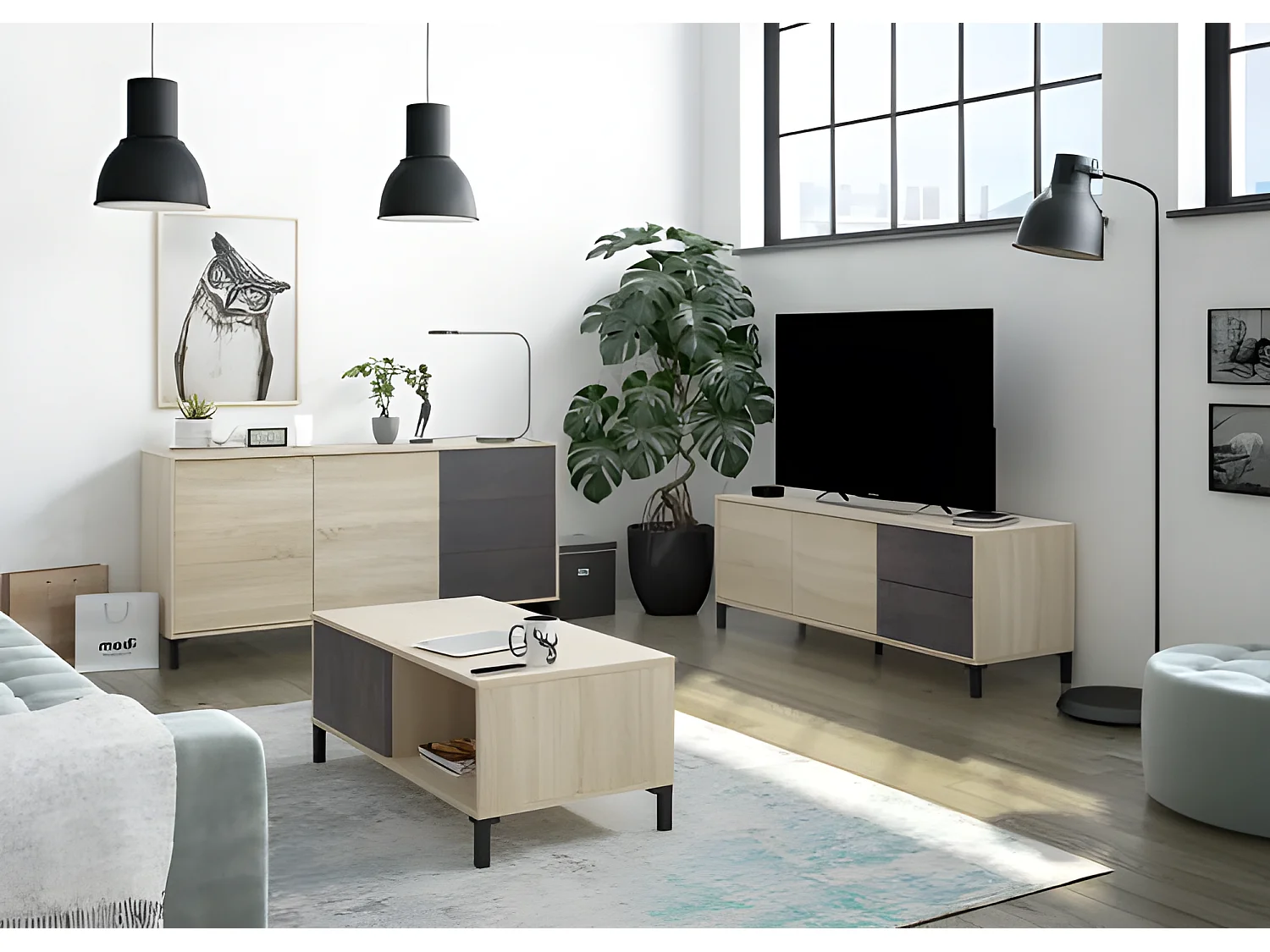 Meuble TV de 2 portes + 2 tiroirs finition effet industriel vielli / chêne canadian - Dim : L.130 x P.41 x H.47 cm