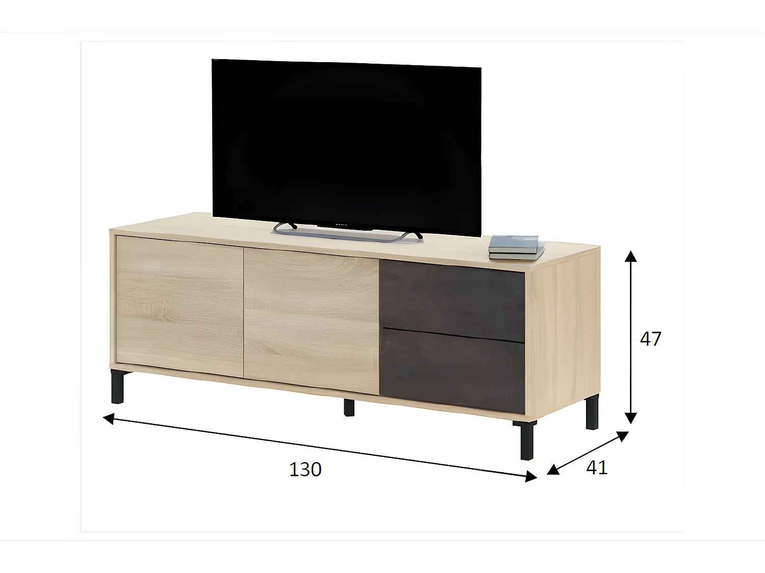 Meuble TV de 2 portes + 2 tiroirs finition effet industriel vielli / chêne canadian - Dim : L.130 x P.41 x H.47 cm