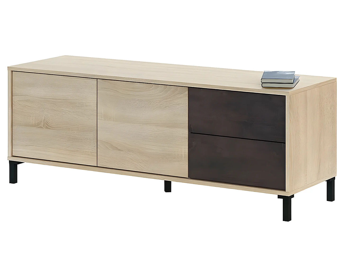 Meuble TV de 2 portes + 2 tiroirs finition effet industriel vielli / chêne canadian - Dim : L.130 x P.41 x H.47 cm