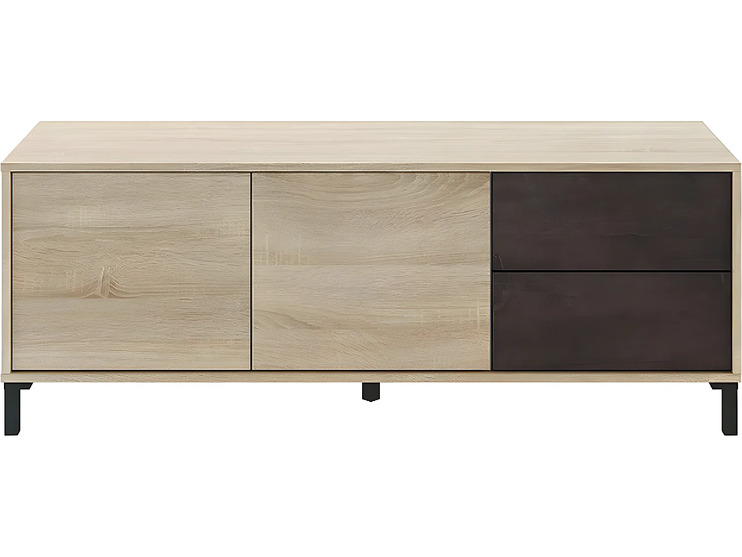 Meuble TV de 2 portes + 2 tiroirs finition effet industriel vielli / chêne canadian - Dim : L.130 x P.41 x H.47 cm