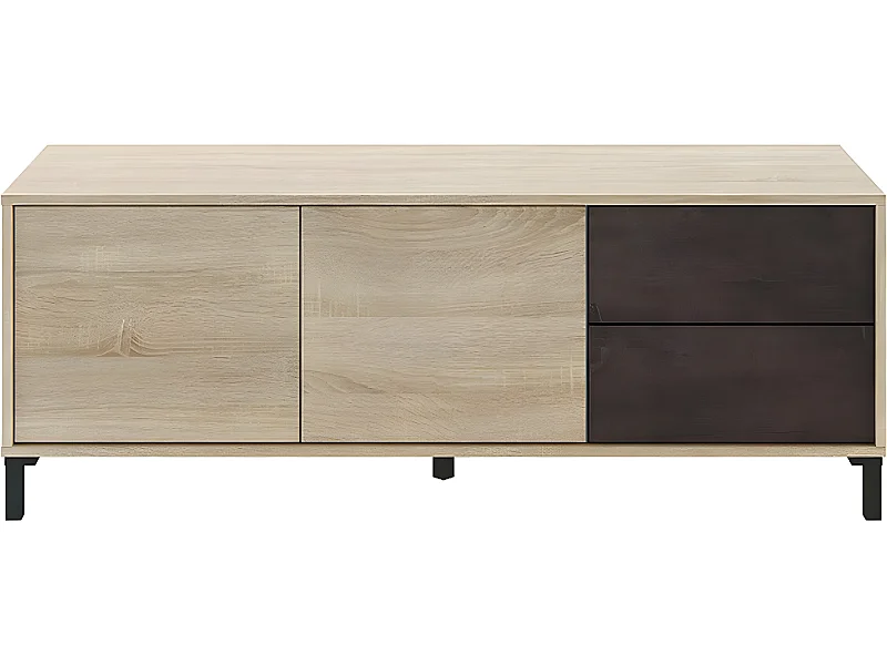 Meuble TV de 2 portes + 2 tiroirs finition effet industriel vielli / chêne canadian - Dim : L.130 x P.41 x H.47 cm