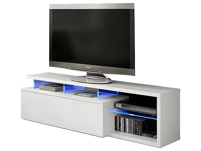 Meuble TV avec LED coloris Blanc brillant - 43 x 150 x 41 cm