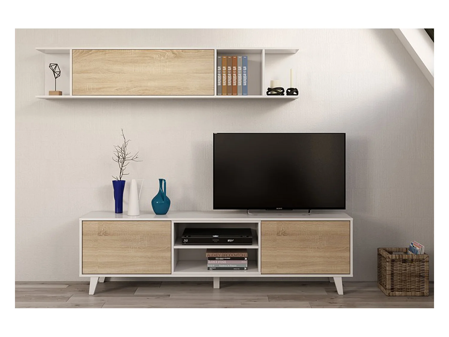Ensemble TV coloris blanc brillant et chêne canadien - Dim : 51 x 41 x 180 cm