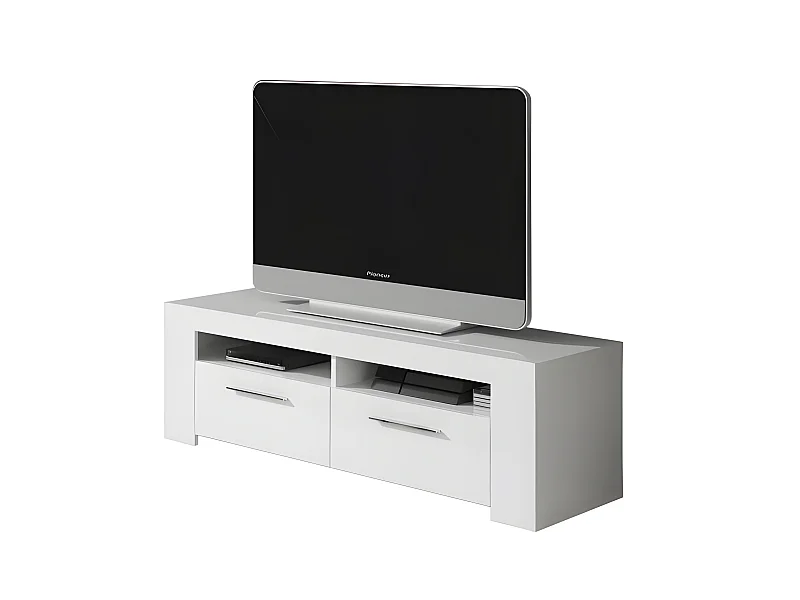 Meuble TV avec 2 portes et 2 niches décor Blanc Artic - L120 x P42 x H40 cm