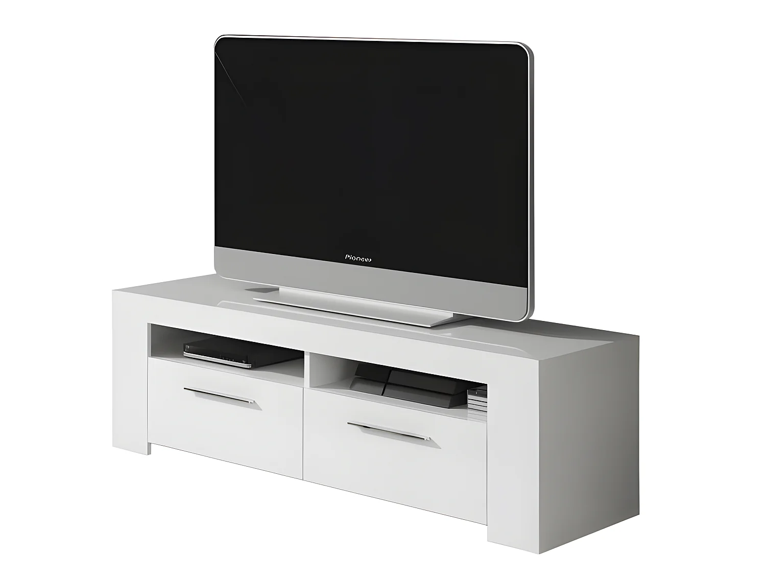 Meuble TV avec 2 portes et 2 niches décor Blanc Artic - L120 x P42 x H40 cm