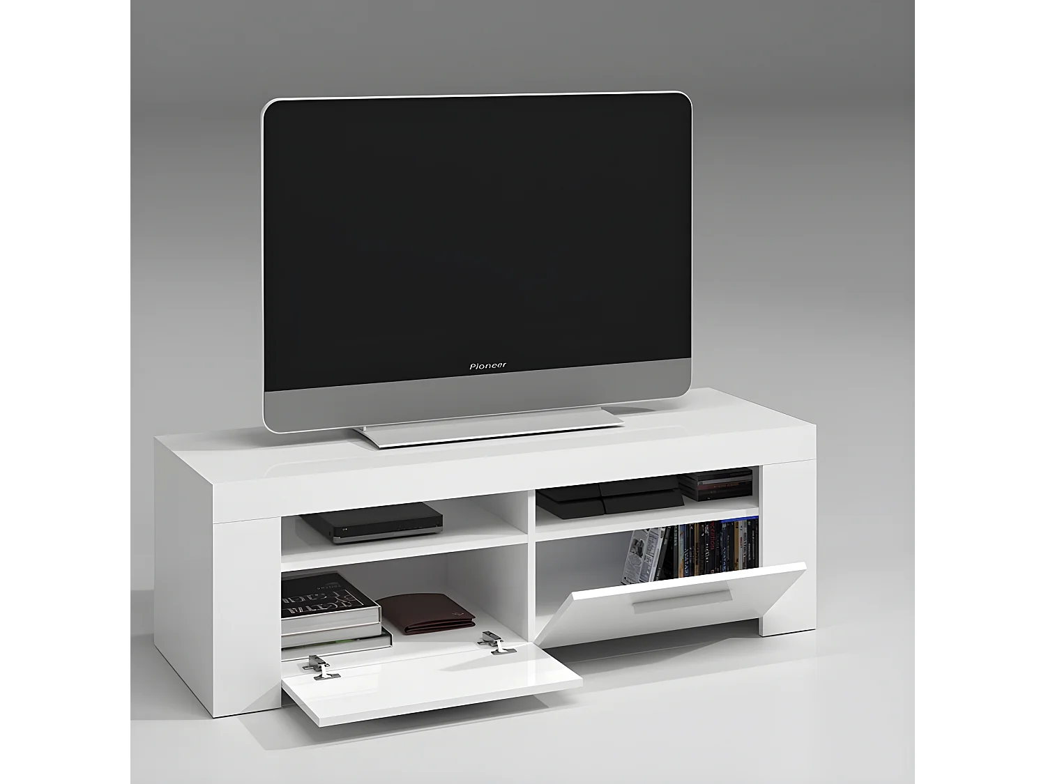 Meuble TV avec 2 portes et 2 niches décor Blanc Artic - L120 x P42 x H40 cm