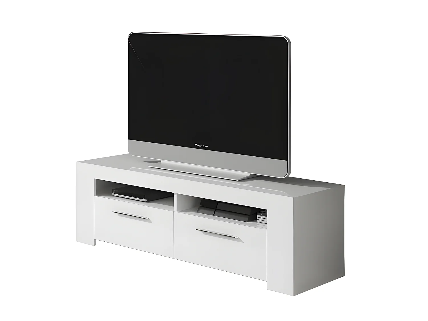 Meuble TV avec 2 portes et 2 niches décor Blanc Artic - L120 x P42 x H40 cm