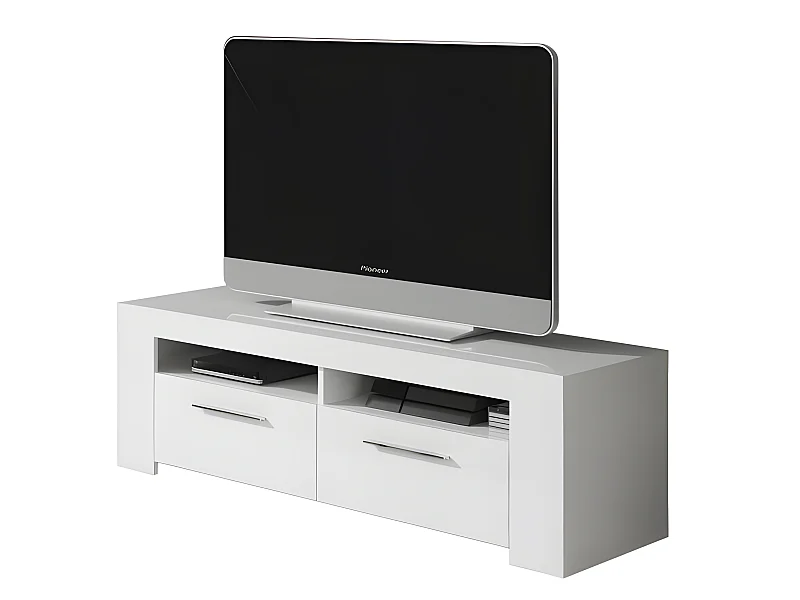 Meuble TV avec 2 portes et 2 niches décor Blanc Artic - L120 x P42 x H40 cm