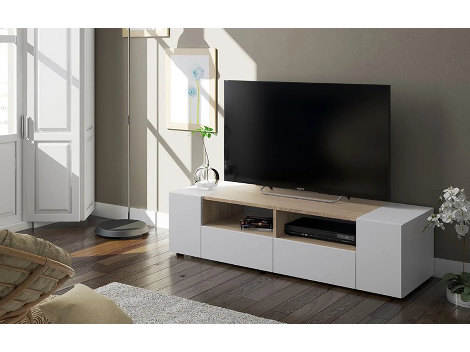 Meuble TV décor blanc et chêne - Dim : L 138 x P 42 x H 34 cm