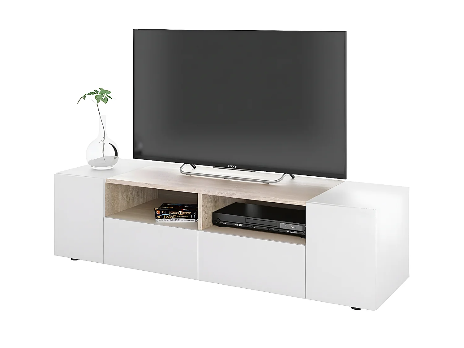 Meuble TV décor blanc et chêne - Dim : L 138 x P 42 x H 34 cm