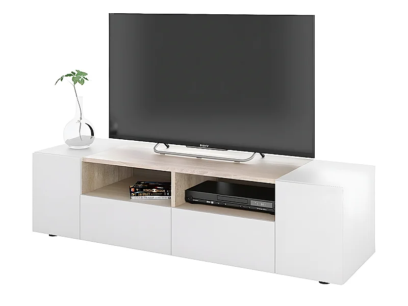 Meuble TV décor blanc et chêne - Dim : L 138 x P 42 x H 34 cm