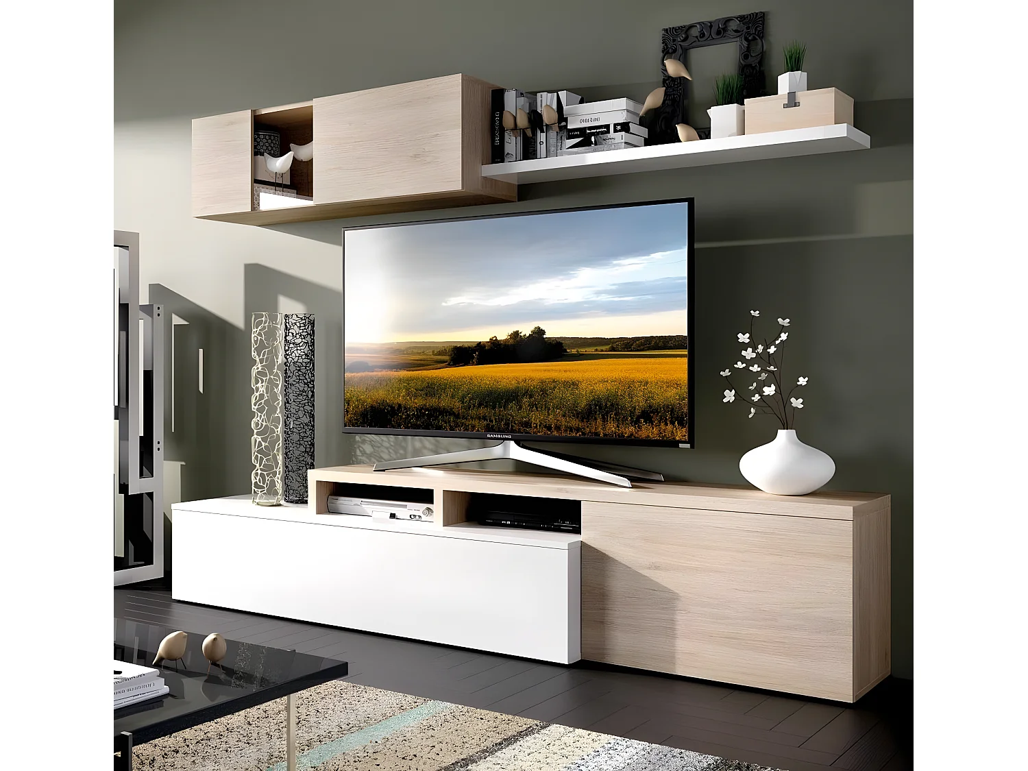 Ensemble séjour de 3 éléments coloris blanc brillant/naturel