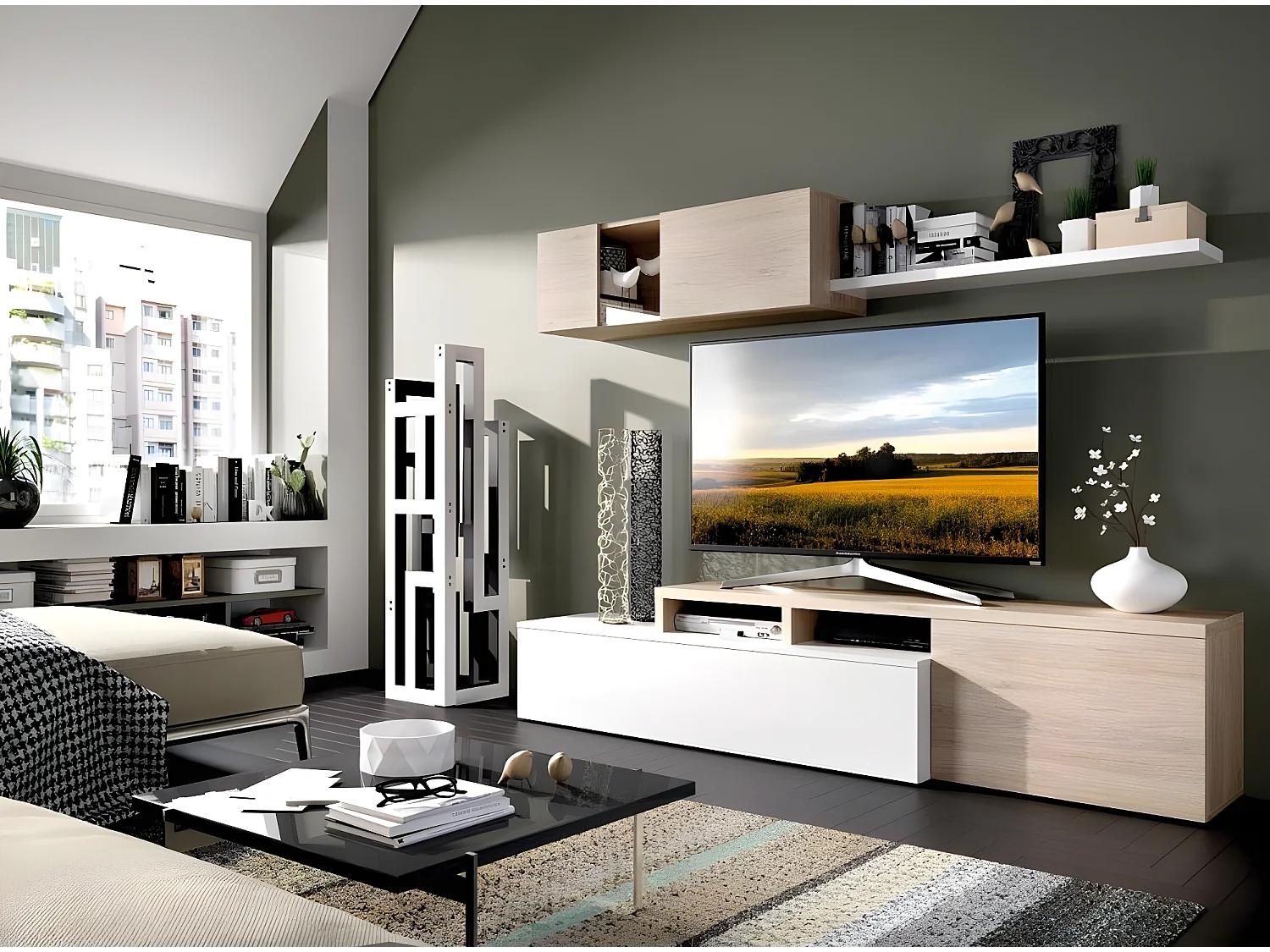 Ensemble séjour de 3 éléments coloris blanc brillant/naturel