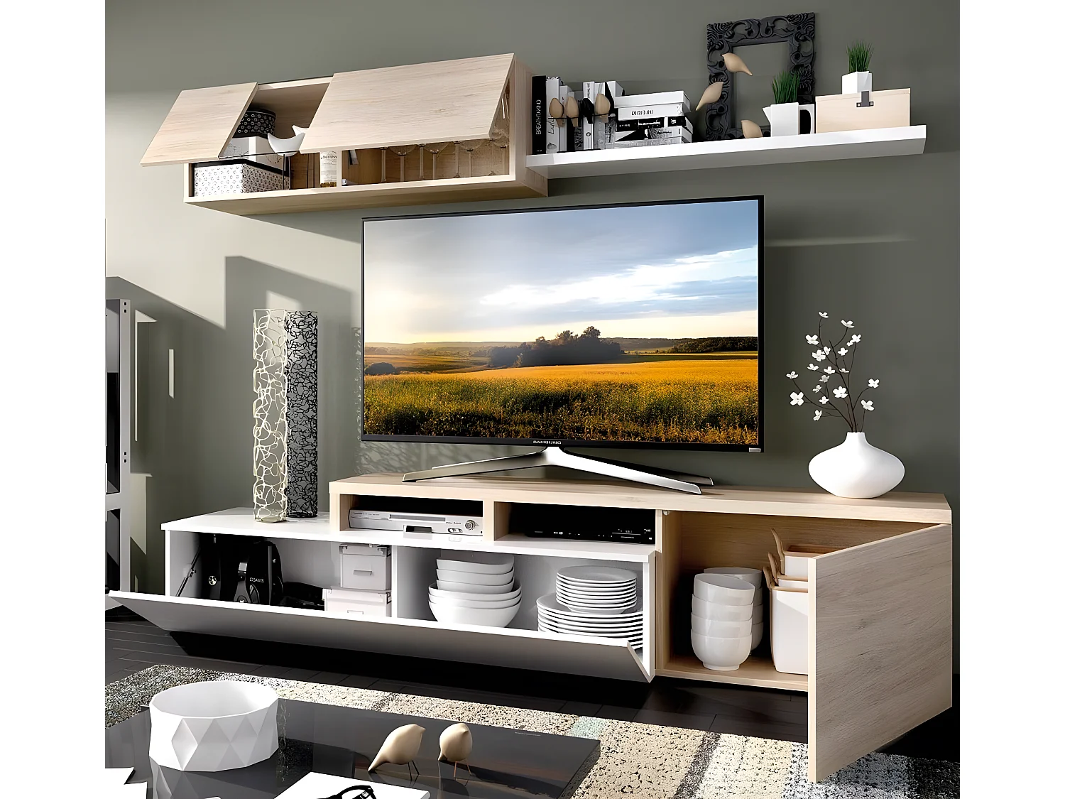 Ensemble séjour de 3 éléments coloris blanc brillant/naturel