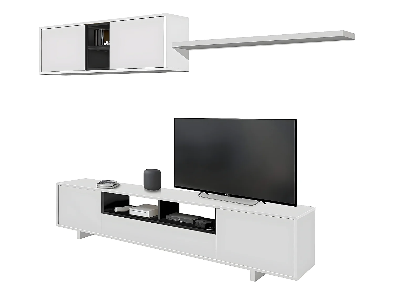 Meuble TV avec 3 portes et 1 Niche de rangement coloris blanc brillant / gris anthracite -  H46 x L200 x P41 cm