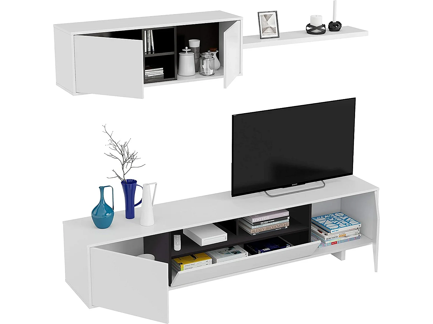 Meuble TV avec 3 portes et 1 Niche de rangement coloris blanc brillant / gris anthracite -  H46 x L200 x P41 cm