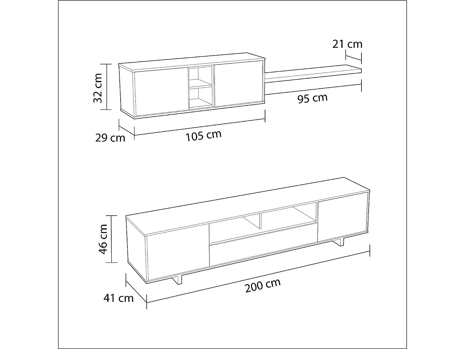 Meuble TV avec 3 portes et 1 Niche de rangement coloris blanc brillant / gris anthracite -  H46 x L200 x P41 cm