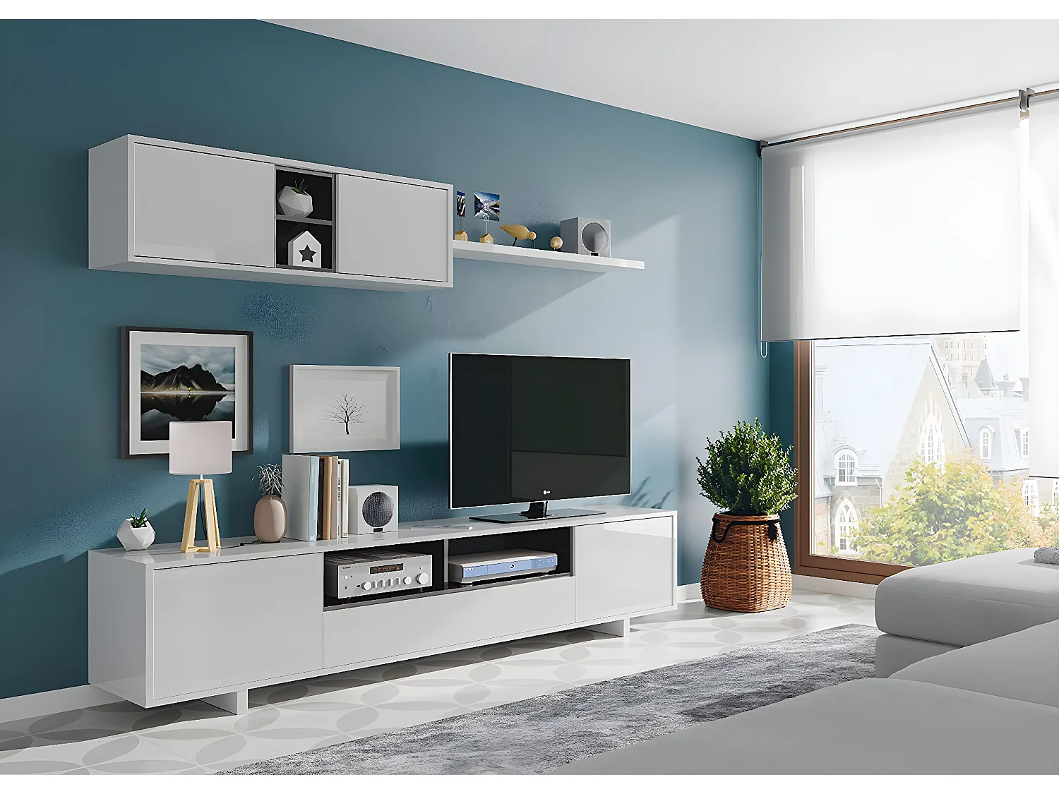 Meuble TV avec 3 portes et 1 Niche de rangement coloris blanc brillant / gris anthracite -  H46 x L200 x P41 cm