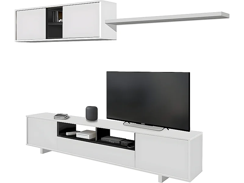 Meuble TV avec 3 portes et 1 Niche de rangement coloris blanc brillant / gris anthracite -  H46 x L200 x P41 cm