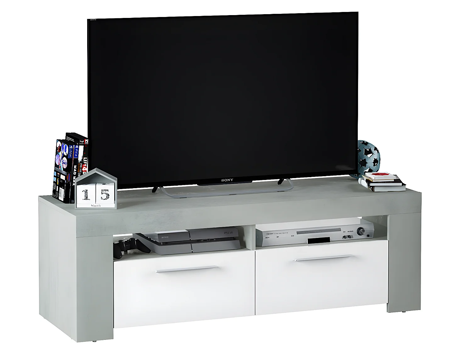 Meuble TV coloris Blanc Artik / Ciment en mélamine - Dim : 40 x 120 x 42 cm