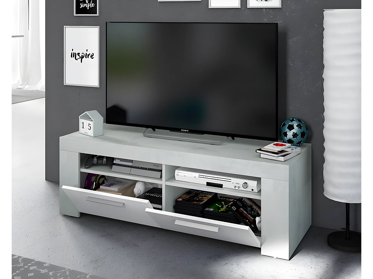 Meuble TV coloris Blanc Artik / Ciment en mélamine - Dim : 40 x 120 x 42 cm