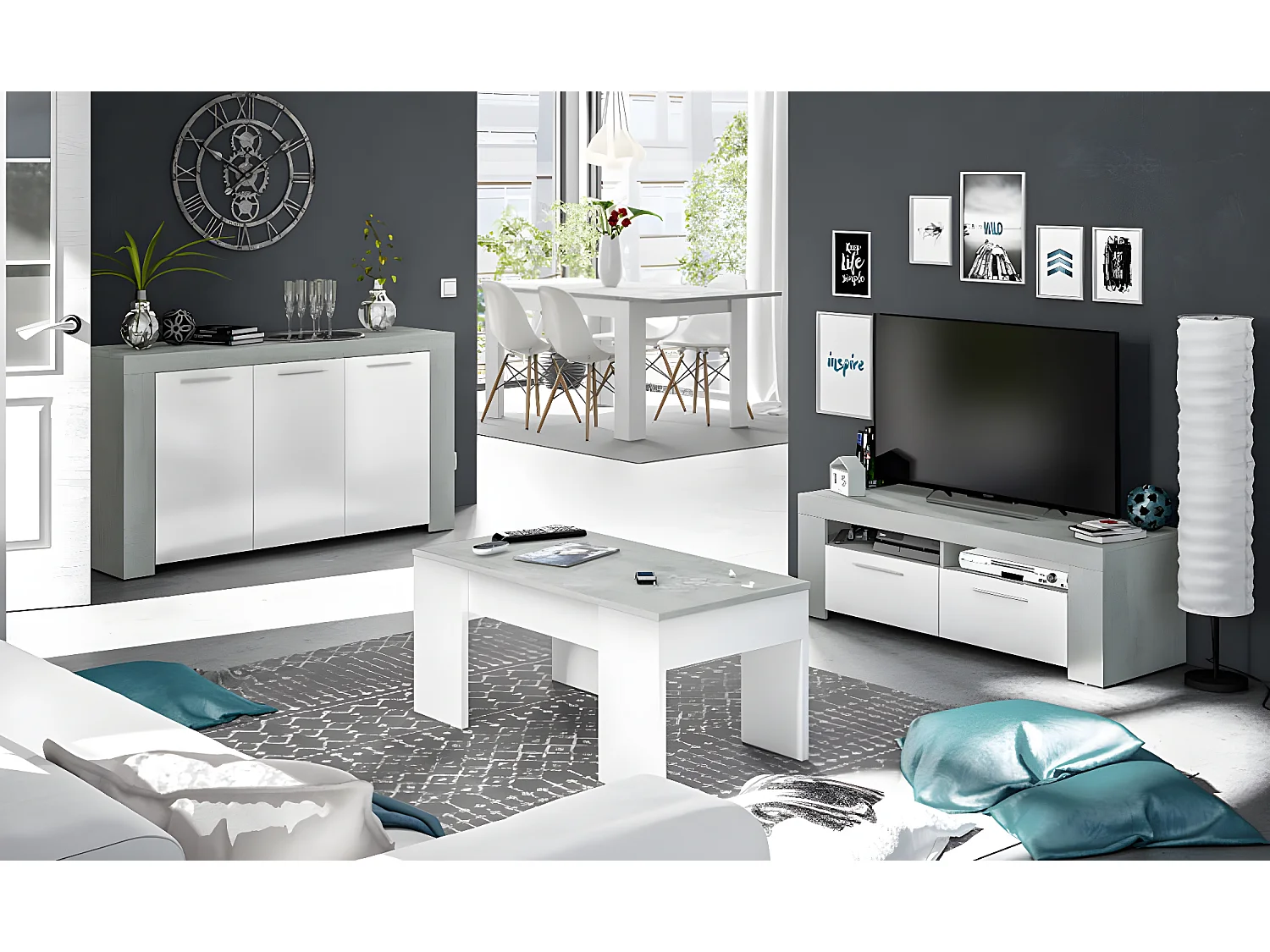 Meuble TV coloris Blanc Artik / Ciment en mélamine - Dim : 40 x 120 x 42 cm