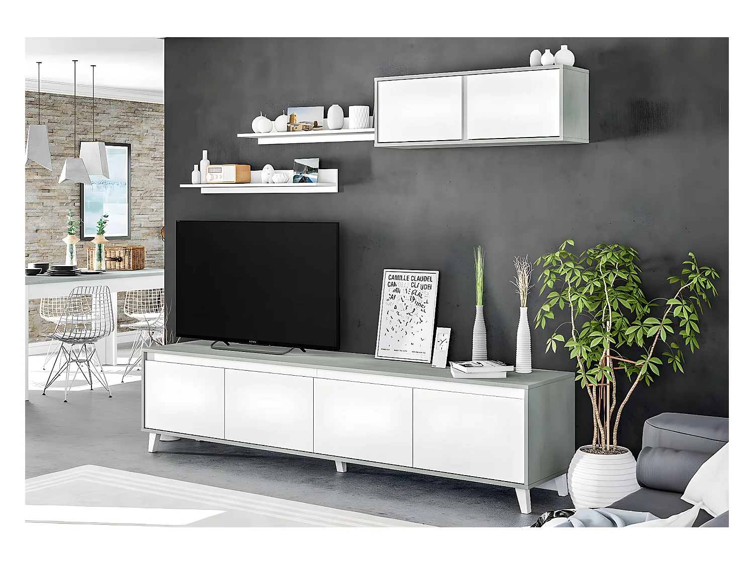 Ensemble séjour TV de 3 éléments coloris Blanc Artic / Ciment