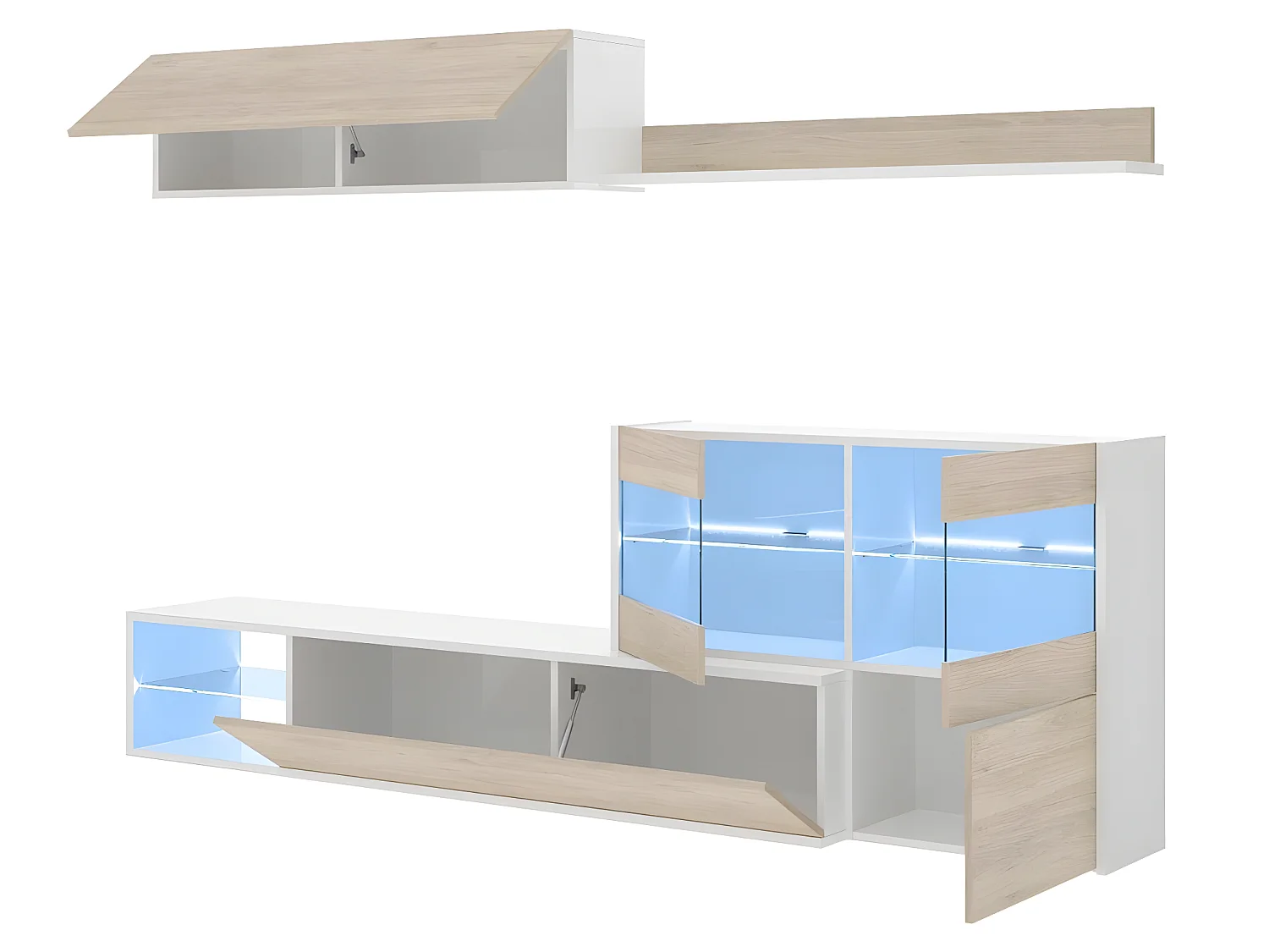 Ensemble séjour de 4 éléments coloris Blanc Brillant /Naturel + Eclairage LED