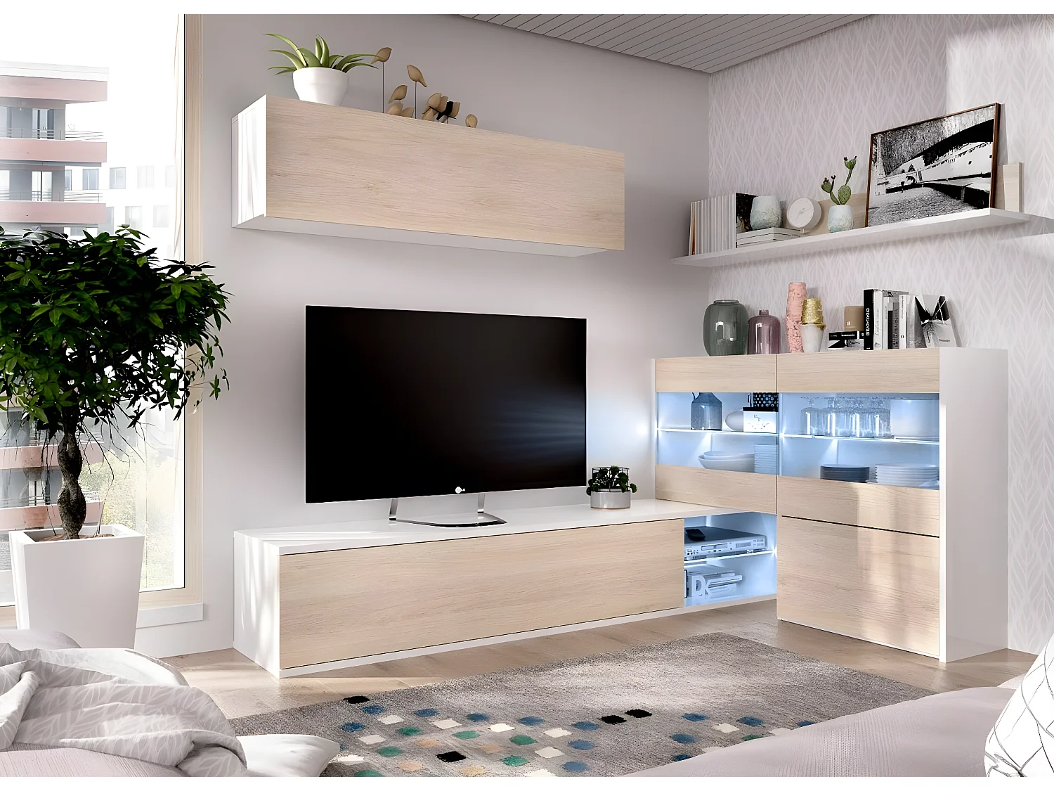 Ensemble séjour de 4 éléments coloris Blanc Brillant /Naturel + Eclairage LED