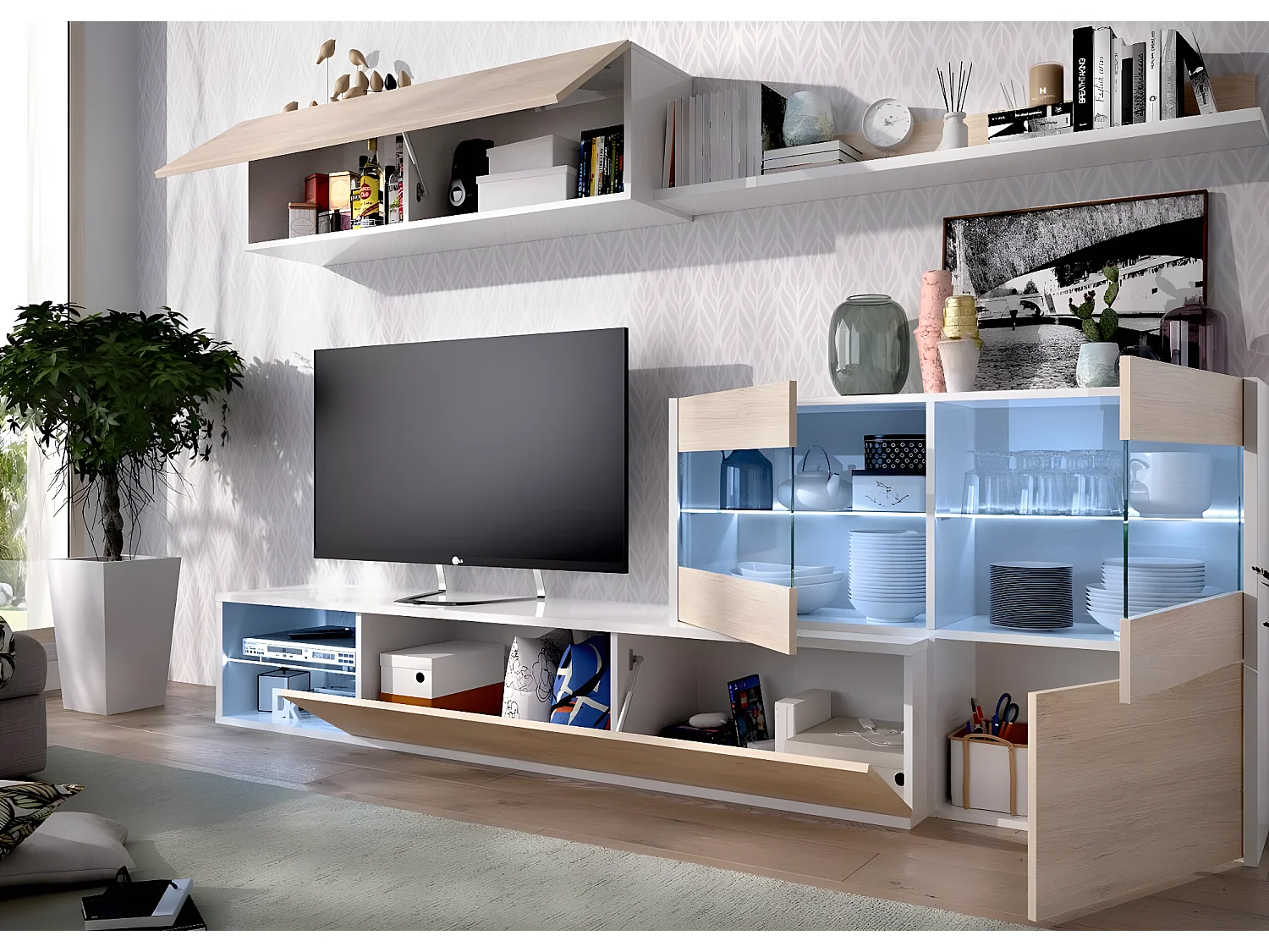 Ensemble séjour de 4 éléments coloris Blanc Brillant /Naturel + Eclairage LED