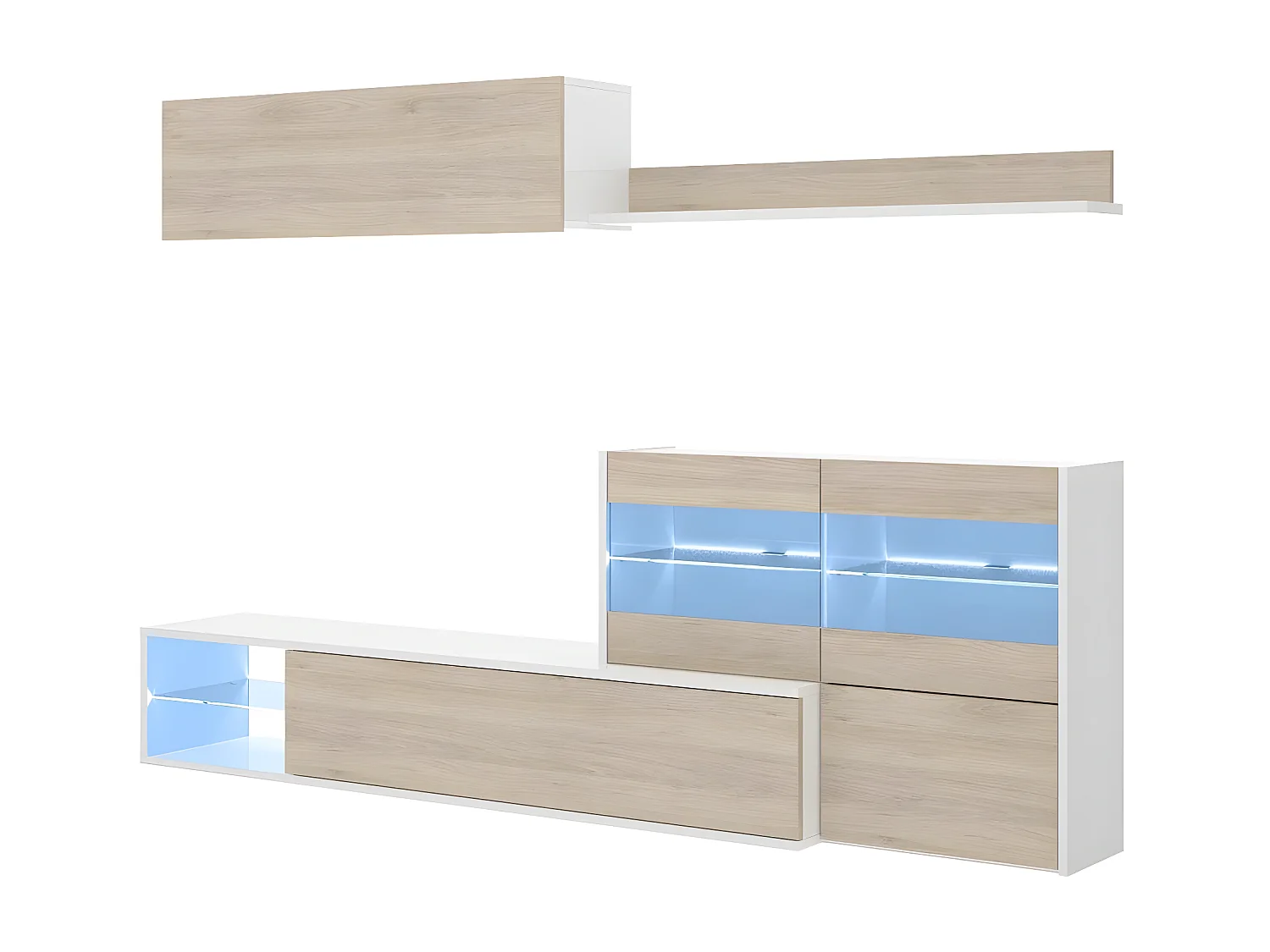Ensemble séjour de 4 éléments coloris Blanc Brillant /Naturel + Eclairage LED