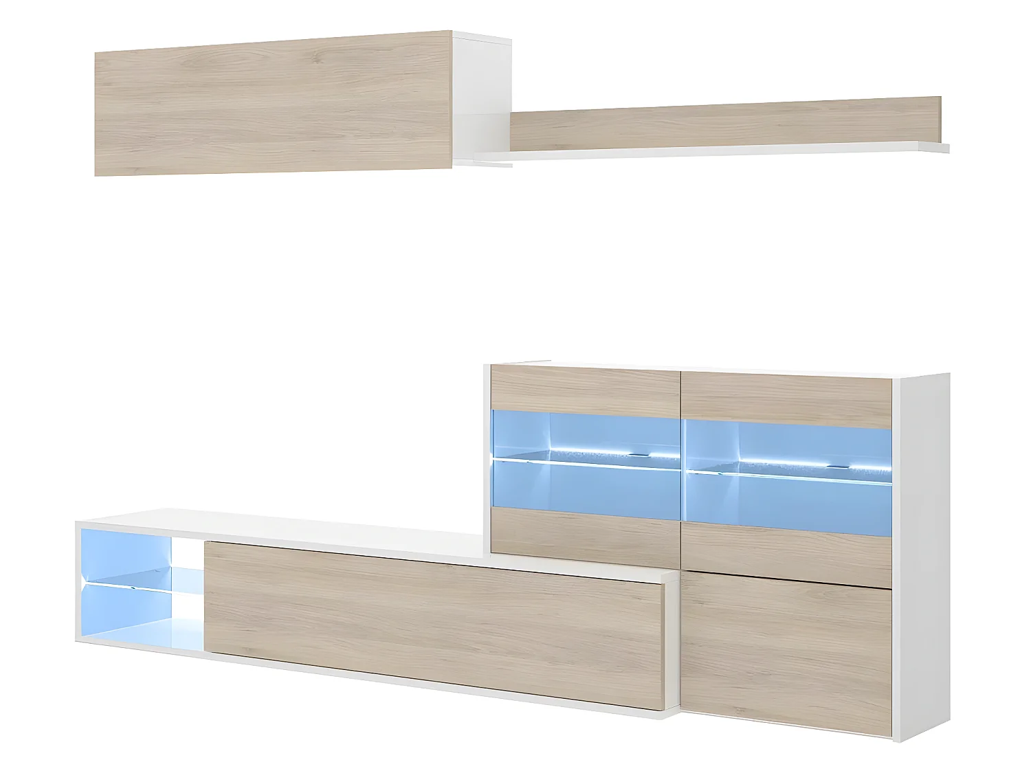 Ensemble séjour de 4 éléments coloris Blanc Brillant /Naturel + Eclairage LED