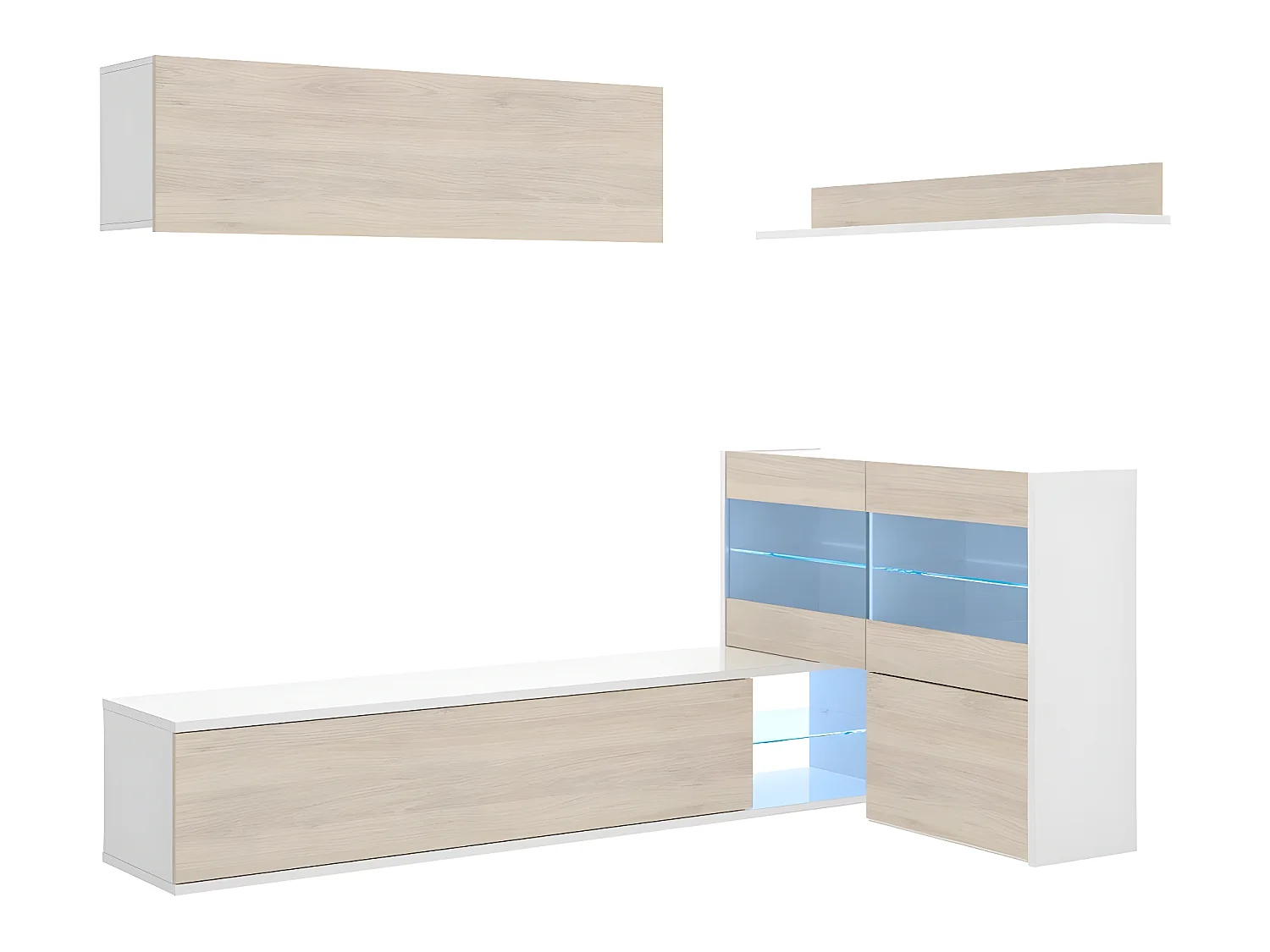 Ensemble séjour de 4 éléments coloris Blanc Brillant /Naturel + Eclairage LED