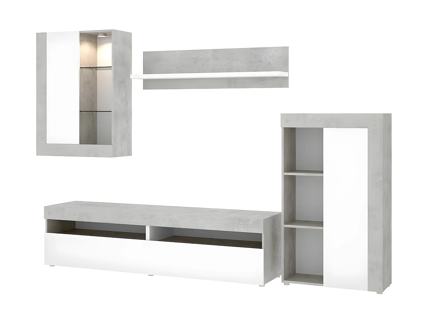 Ensemble séjour de 4 éléments coloris ciment /blanc + Eclairage LED